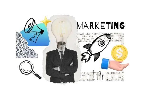 Digital marketing strategy illustration with lightbulb head, megaphone, rocket, magnifying glass, and dollar coin symbols
