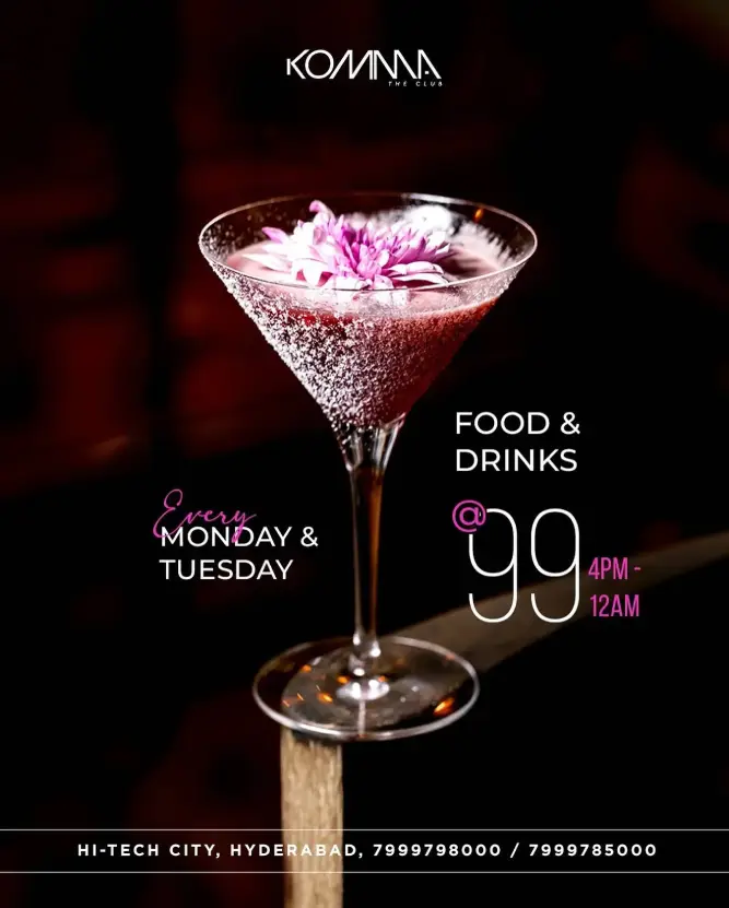 Elegant pink cocktail with flower garnish at Komma nightclub Hyderabad - Food and drinks promo